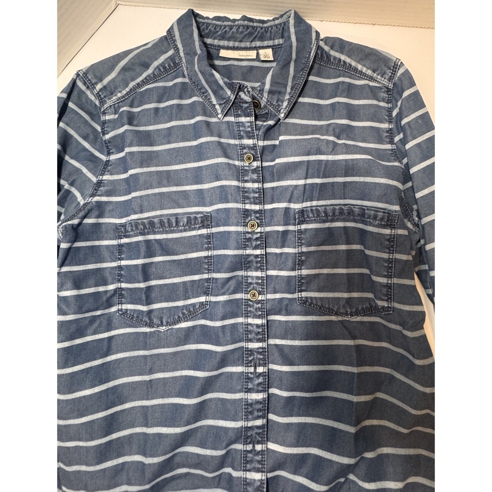 Halogen Soft Lightweight Comfy Button Up Striped Shirt Cuff Sleeve Size L